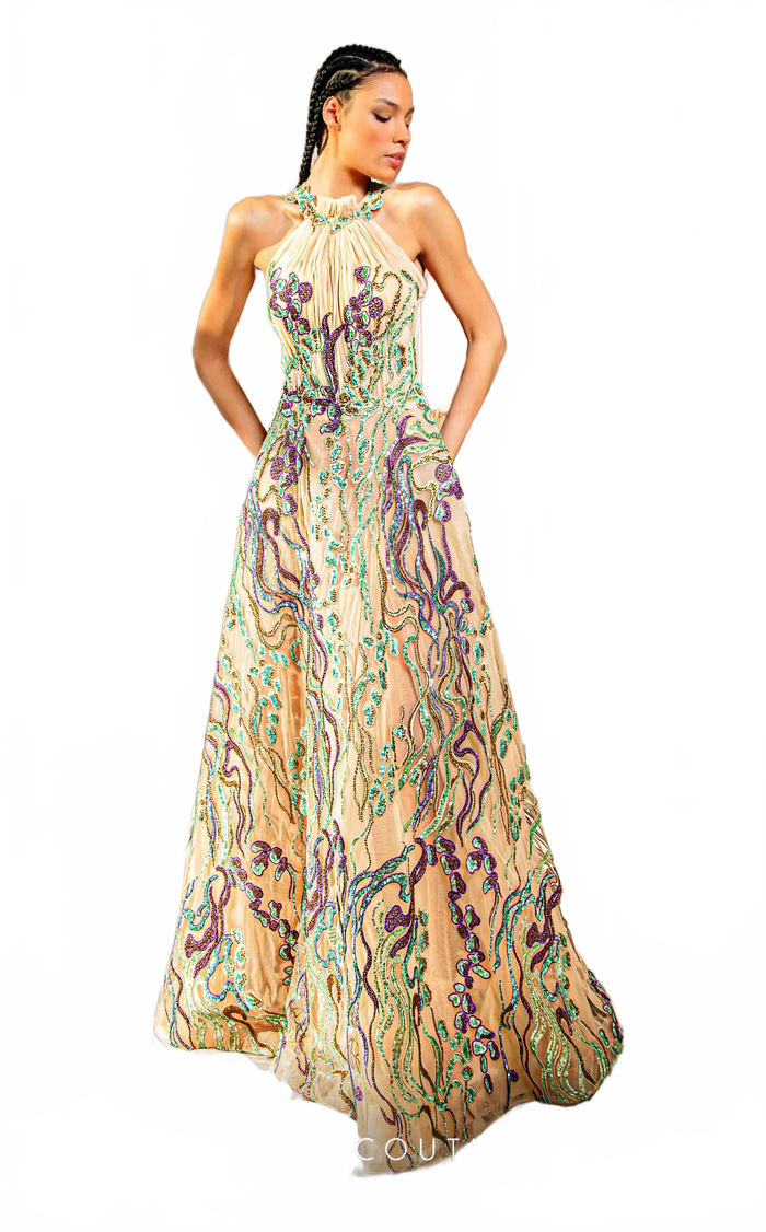 MNM Couture K4167 Nude Embroidered Gown with Green & Purple Sequins