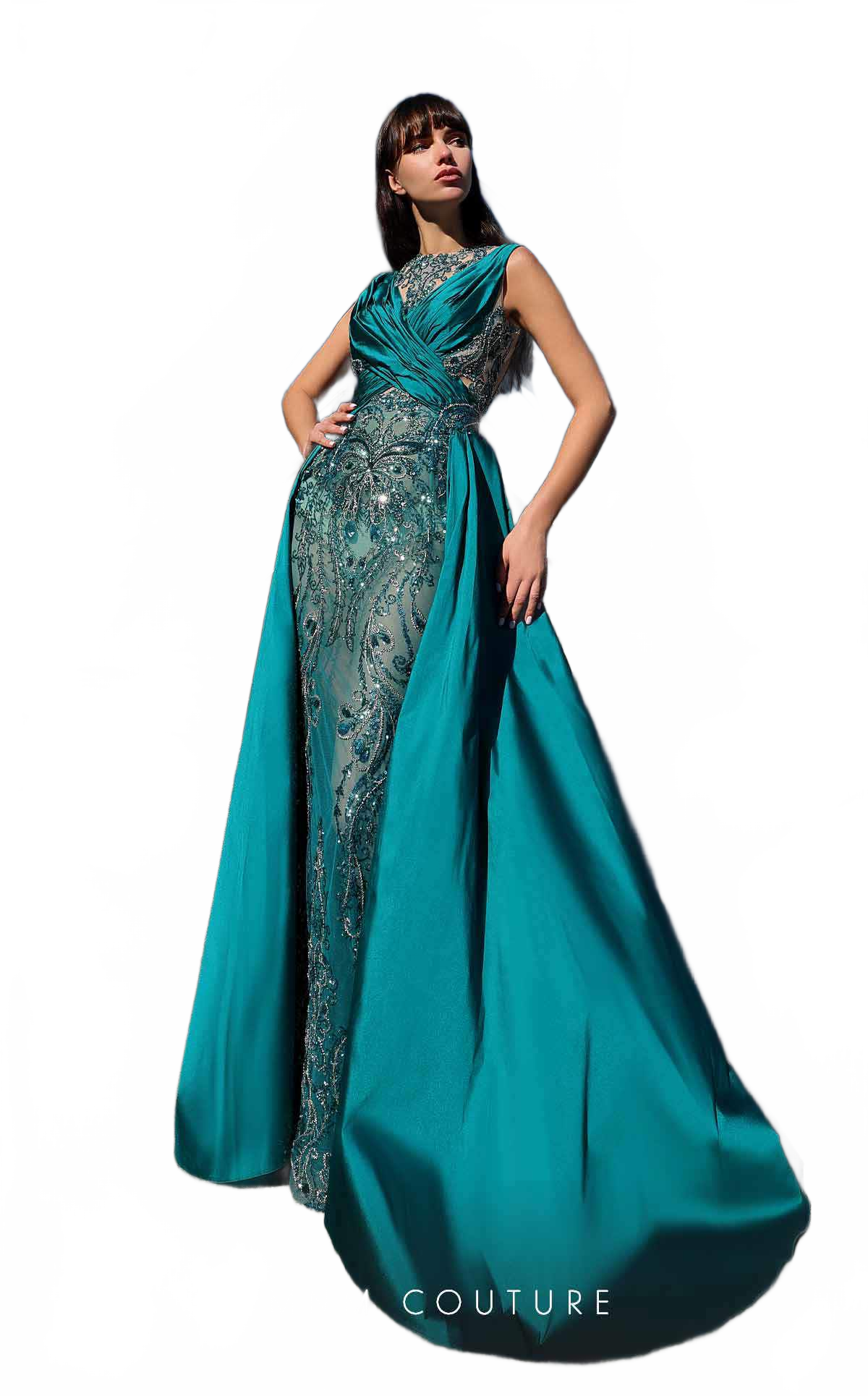 MNM Couture K4007 Satin Mermaid Gown in Petrol with Beading