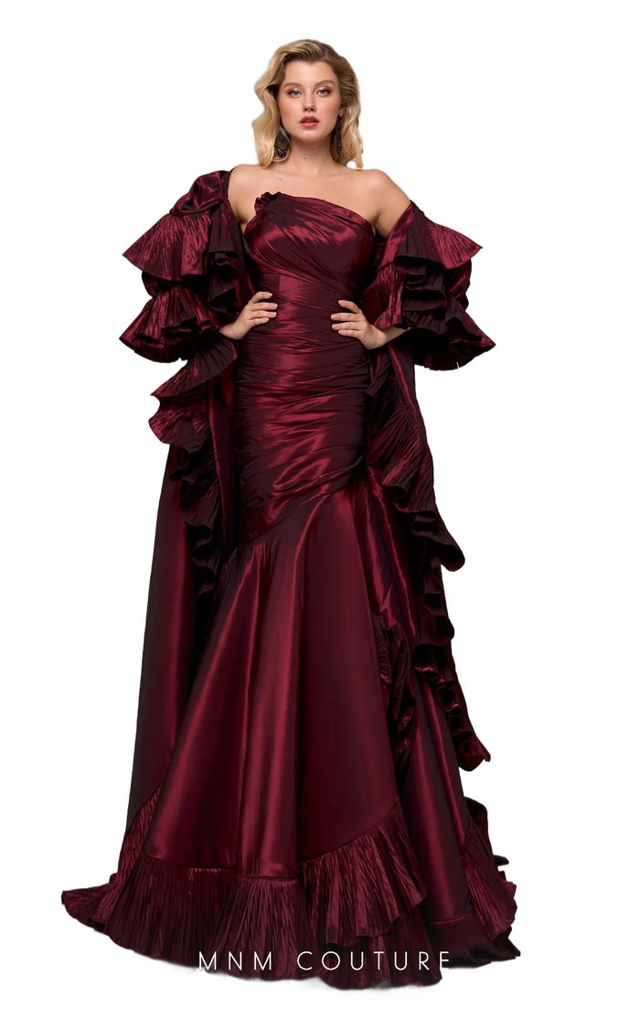 Fouad Sarkis F02893 Burgundy One-Shoulder Ruffled Evening Gown