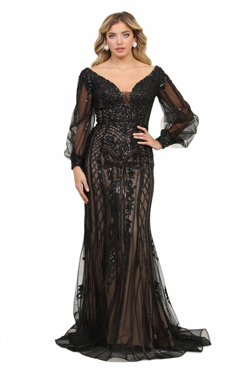Royal Queen RQ8125 Sequin V-Neck Long Sleeve Evening Gown