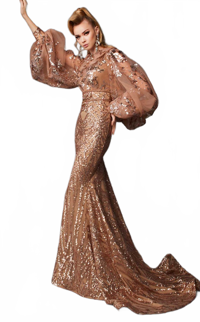 Fouad Sarkis 2637 Gold Sequined Puff Sleeve Mermaid Gown