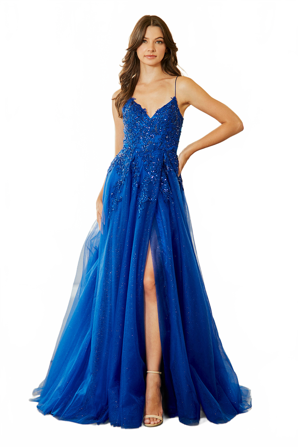 Lace Appliqué Spaghetti Strap A-Line Prom Dress with V-Neck & Open Back Amelia Couture 9079