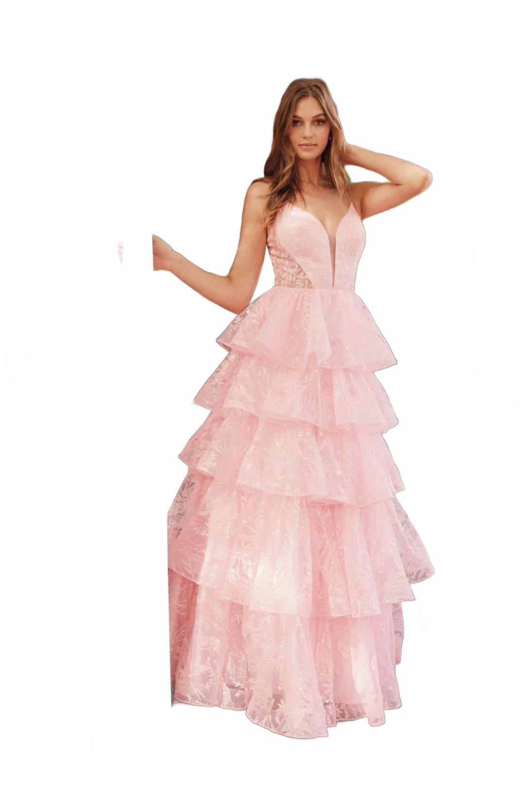 Glitter Print Sleeveless A-line Tiered Gown by Juliet JT2438K