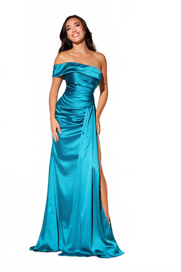 Satin Fitted Off Shoulder Slit Gown by Lucci Lu 1316