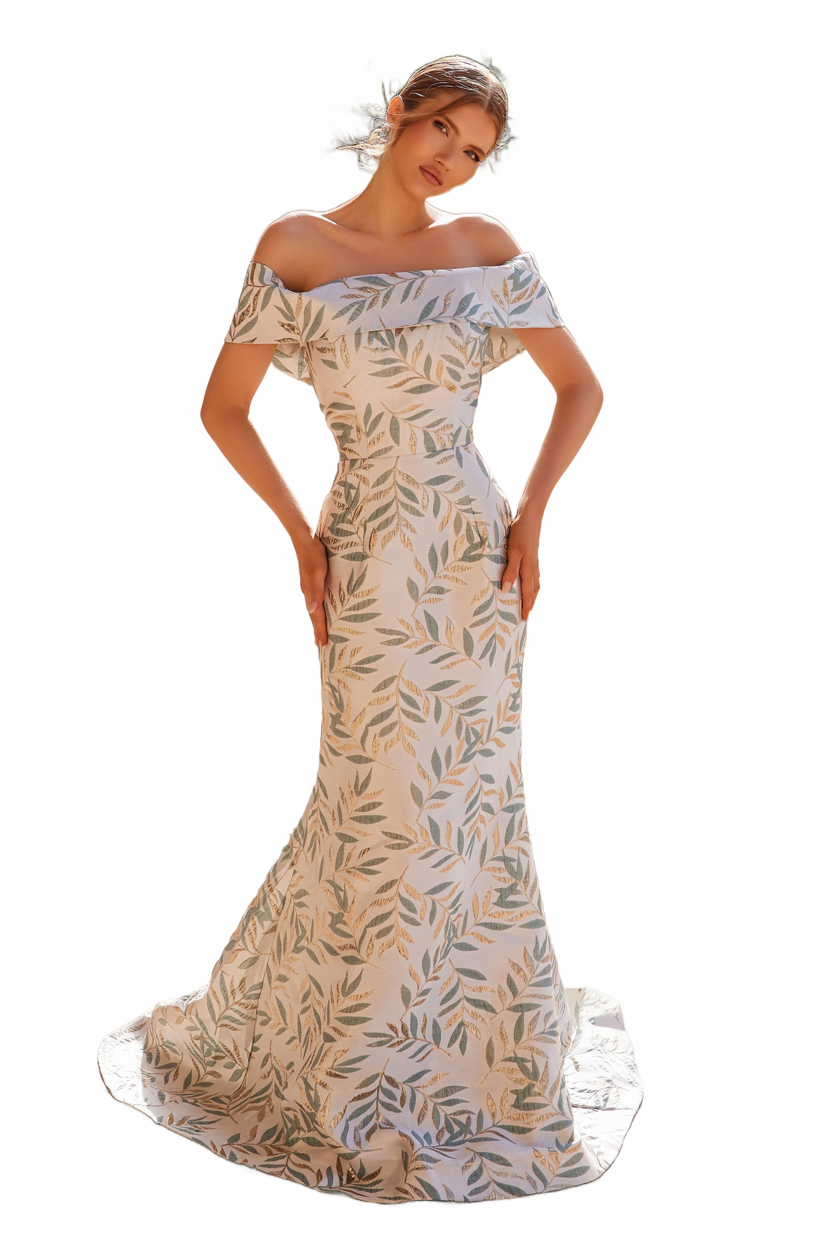 Nox Anabel MJ134 Stunning Jacquard Off-Shoulder Gown