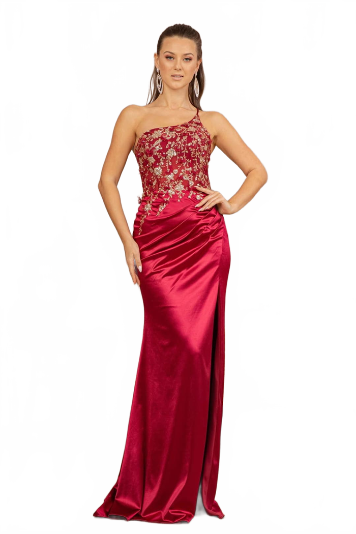 Sheer One-Shoulder Glitter Gown by Elizabeth KGL3125