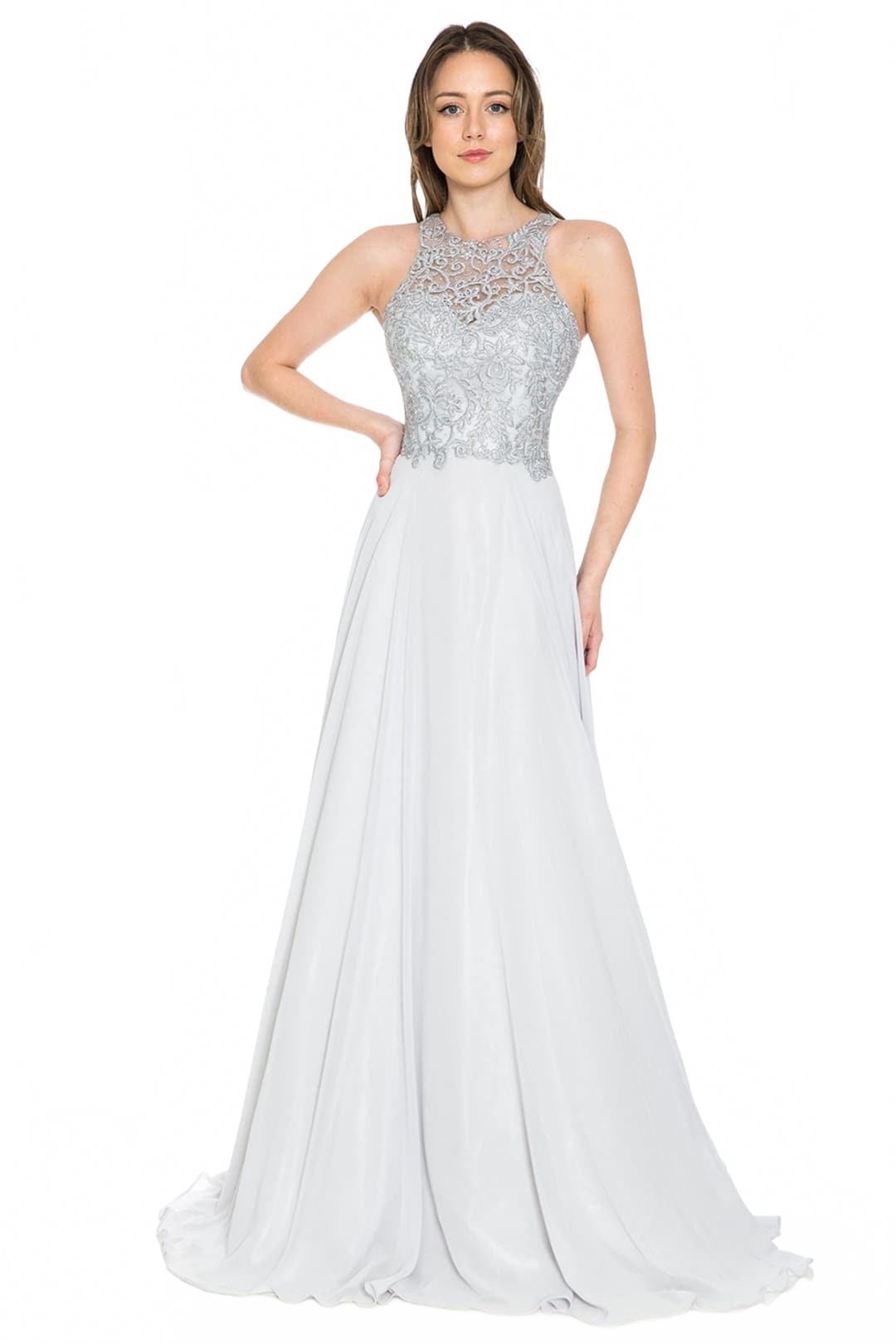 Lenovia 8169 Sleeveless Halter Long Embroidered Formal Gown