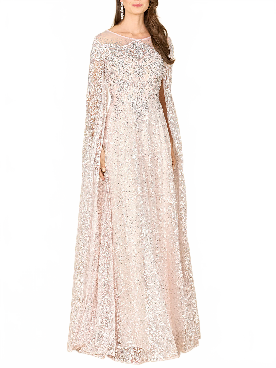 Lace Gown with Dramatic Cape Sleeves