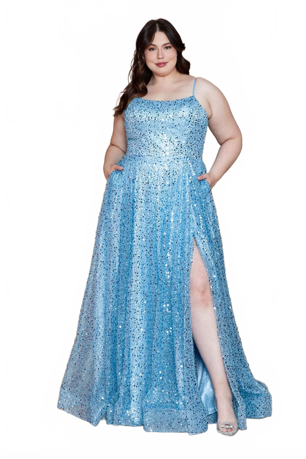 Poly USA W1142 Plus Size Sequin Sleeveless A-line Slit Gown