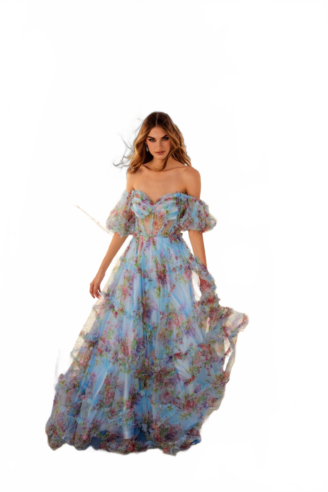Floral Print Off Shoulder Dress Ruffled Gown by Juliet JT2887C