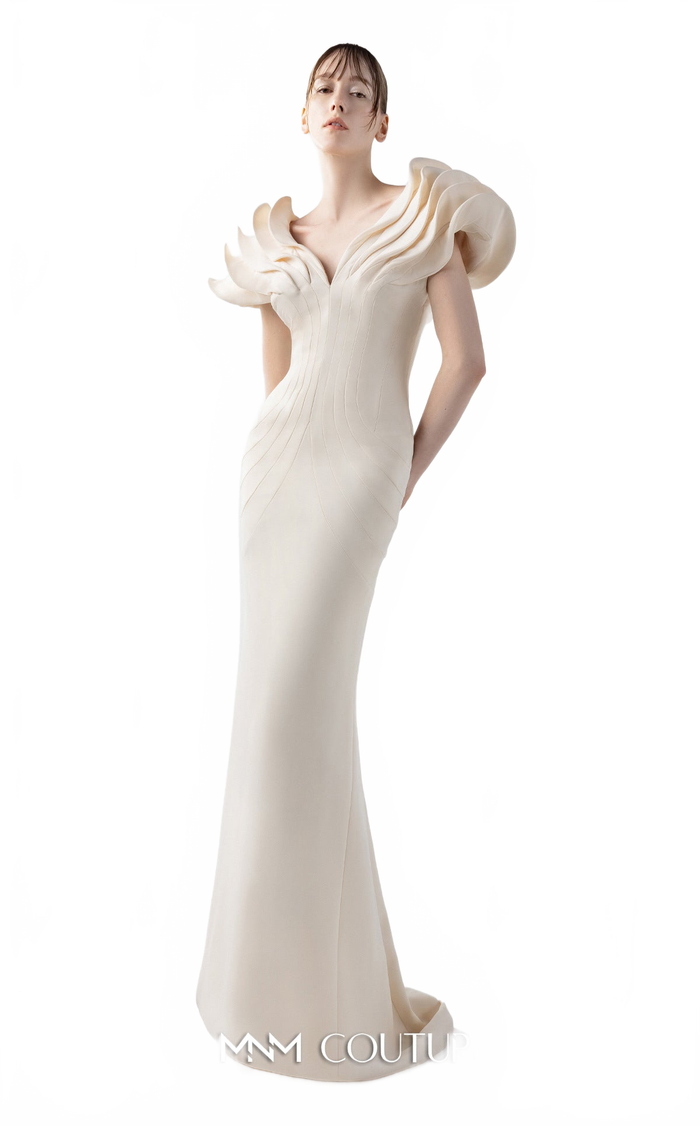 Gaby Charbachy G2039 Cream Crepe Mermaid Gown with Sculpted Sleeves by MNM Couture