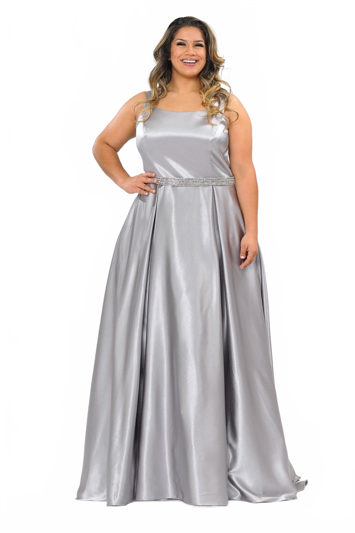 Poly USA W1010 Plus Size Long Satin Dress with Beaded Waist