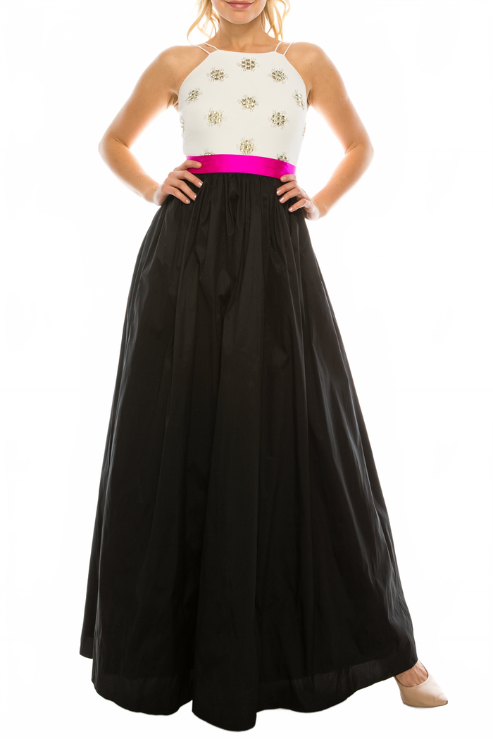 Aidan Mattox 054469600 Embellished Halter A-Line Dress with Sleeveless Design and Beaded Detailing