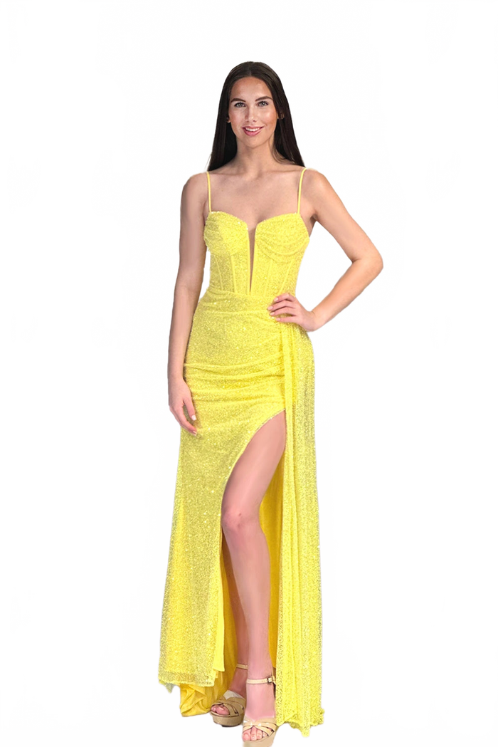 Abby Paris 90266 Glitter Sleeveless Corset Slit Gown by Lucci Lu