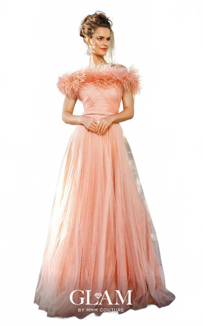 MNM Couture M1139 Off-Shoulder Feathered Tulle Evening Gown in Aqua