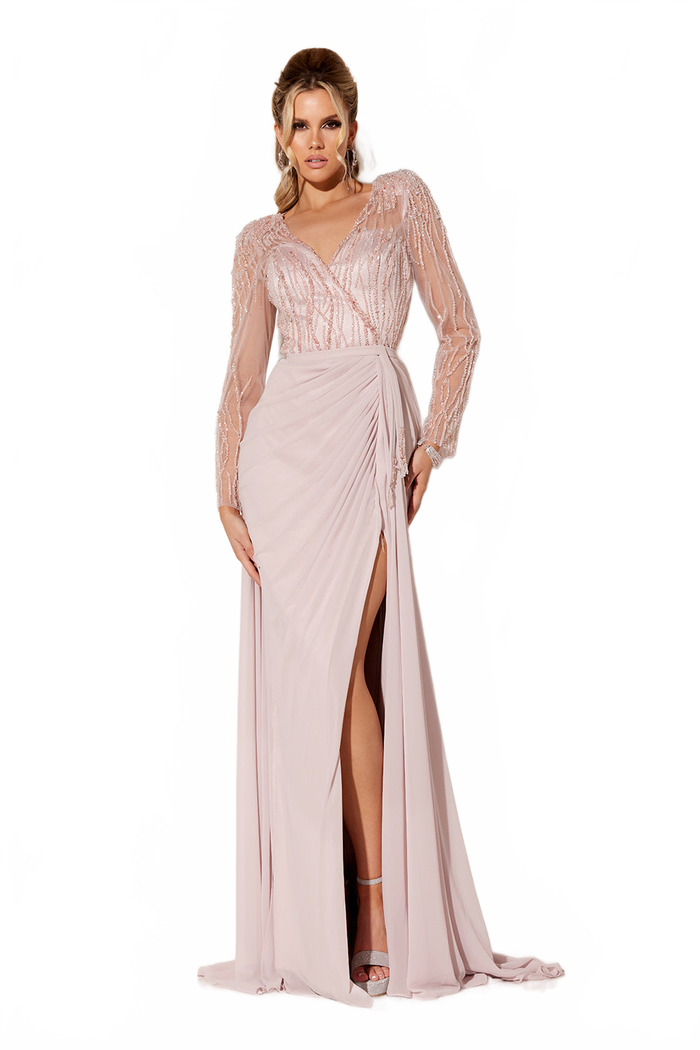 Chiffon Long Sleeve Slit Gown by Lucci Lu C8069