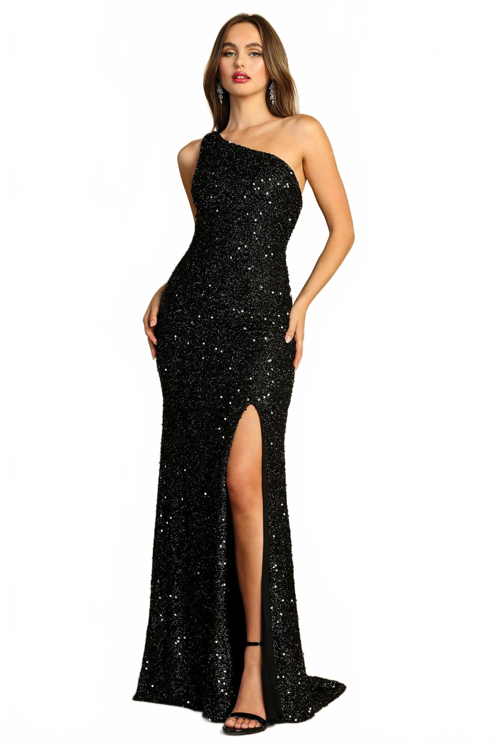 Adora 3121 One-Shoulder Sequin Fitted Slit Long Prom Dress