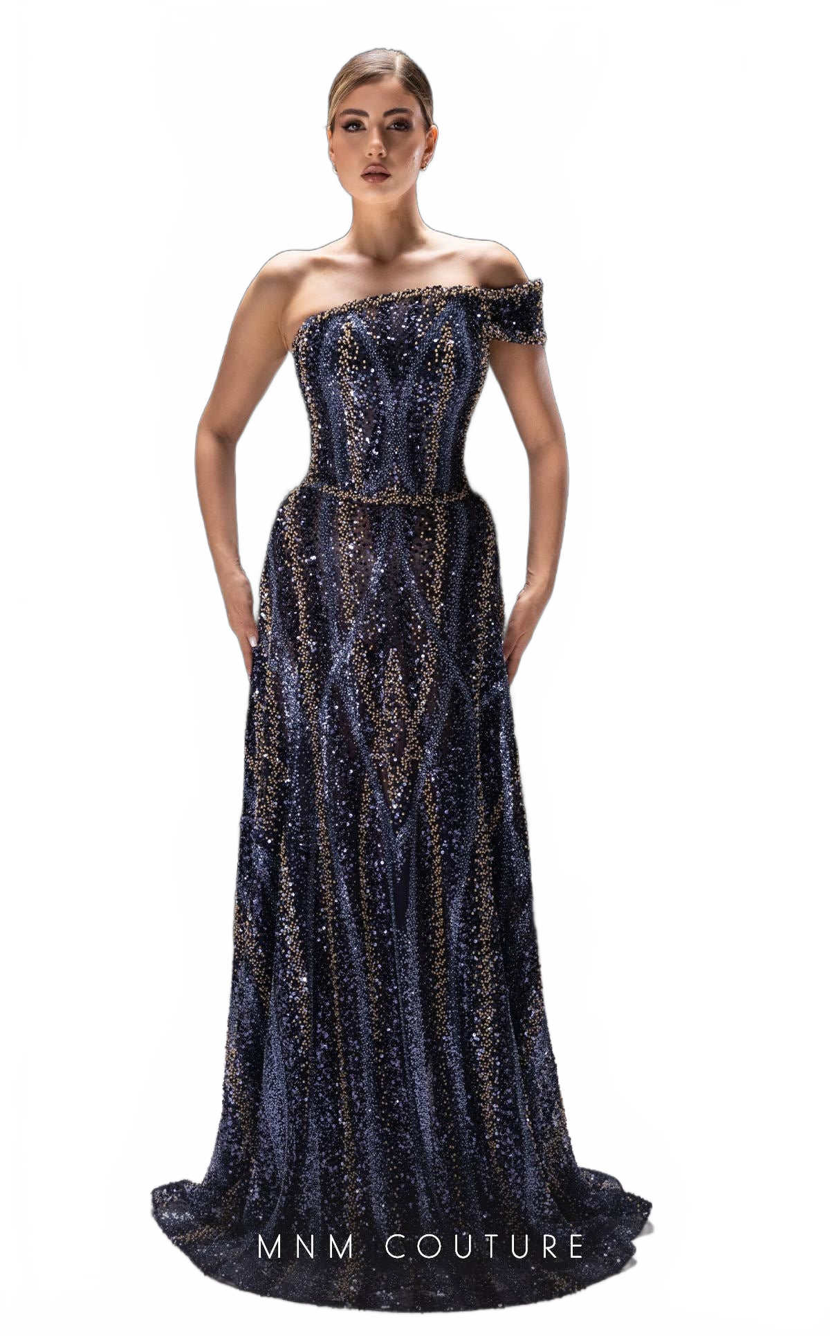 MNM Couture K4240 Navy Off-Shoulder Beaded Gown