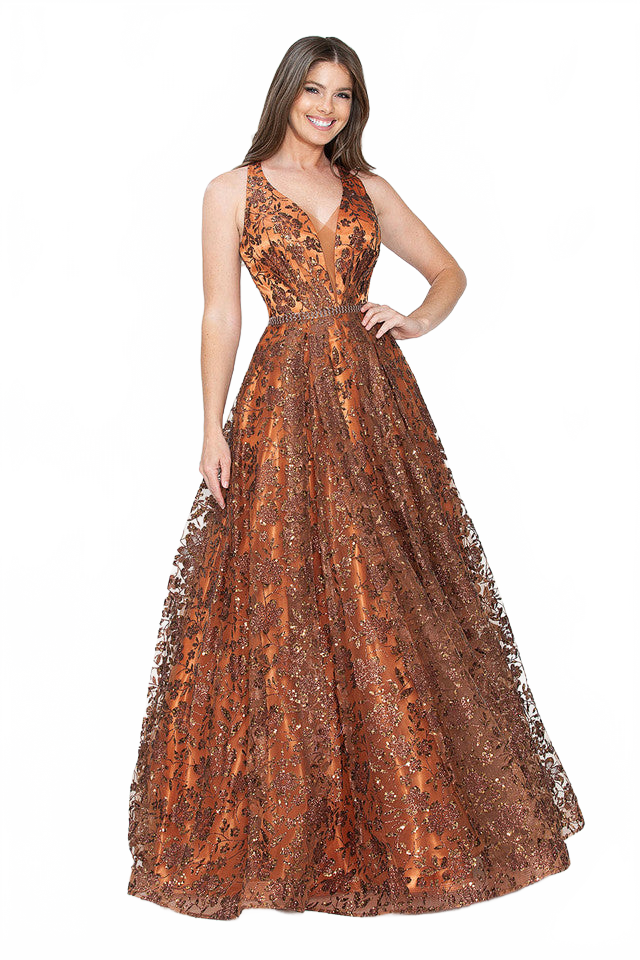 Sequin Floral Lace-Up Back A-Line Gown Sparkly Sleeveless Prom & Formal Dress By Lenovia 8240