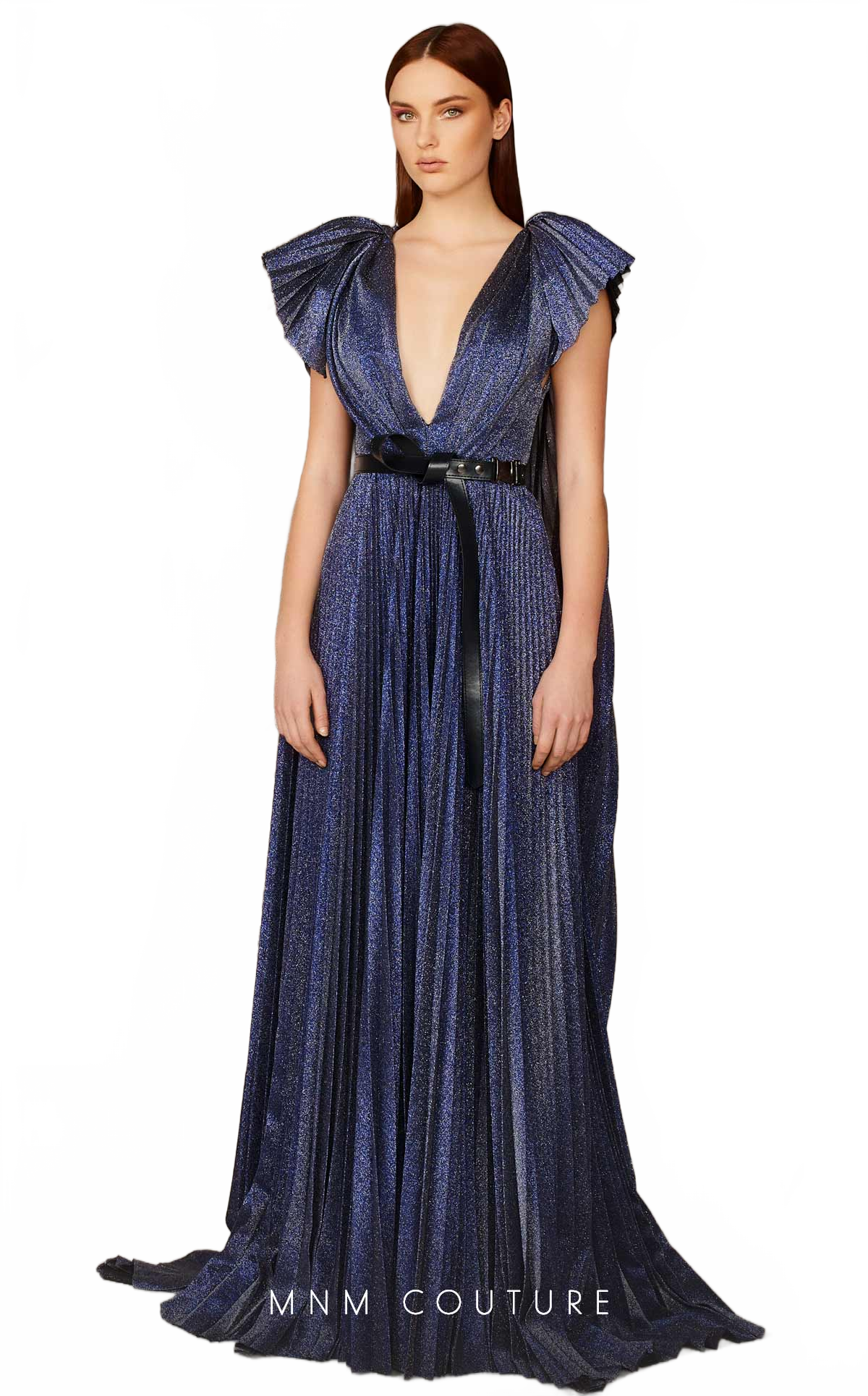 MNM Couture E0018 Gold Metallic Pleated V-Neck Evening Gown