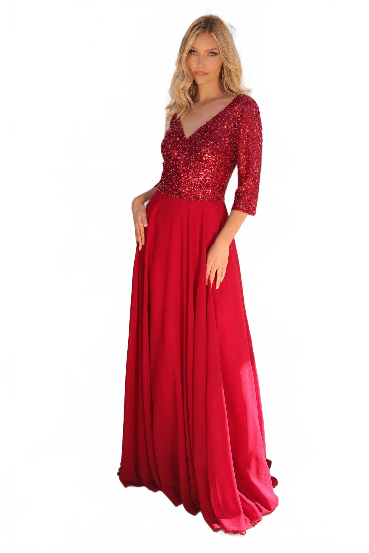 Nox Anabel MF103 Glamorous Sequin Bodice A-Line Gown with 3/4 Sleeves