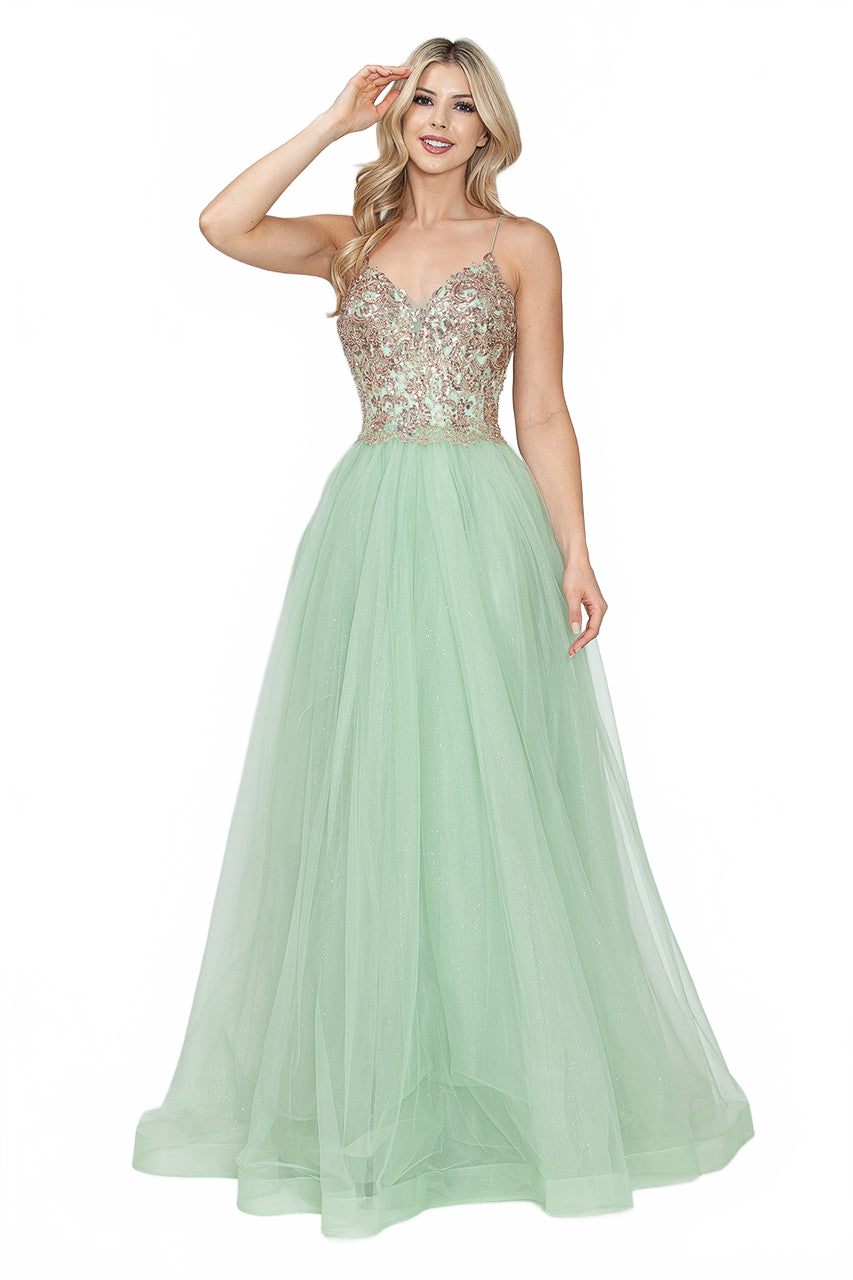 Sequin V-Neck A-Line Tulle Evening Gown with Lace Bodice Sleeveless Formal Prom Dress By Lenovia 8236