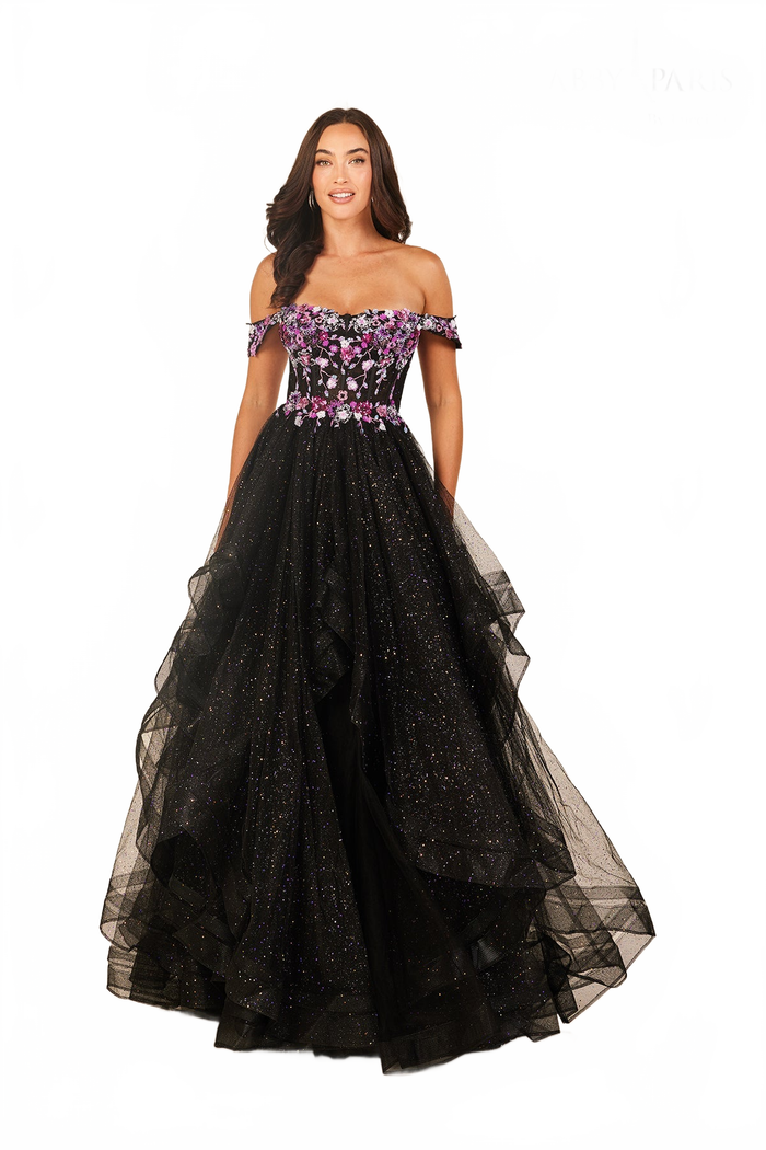 Abby Paris 90317 Off Shoulder A-line Ruffled Evening Gown