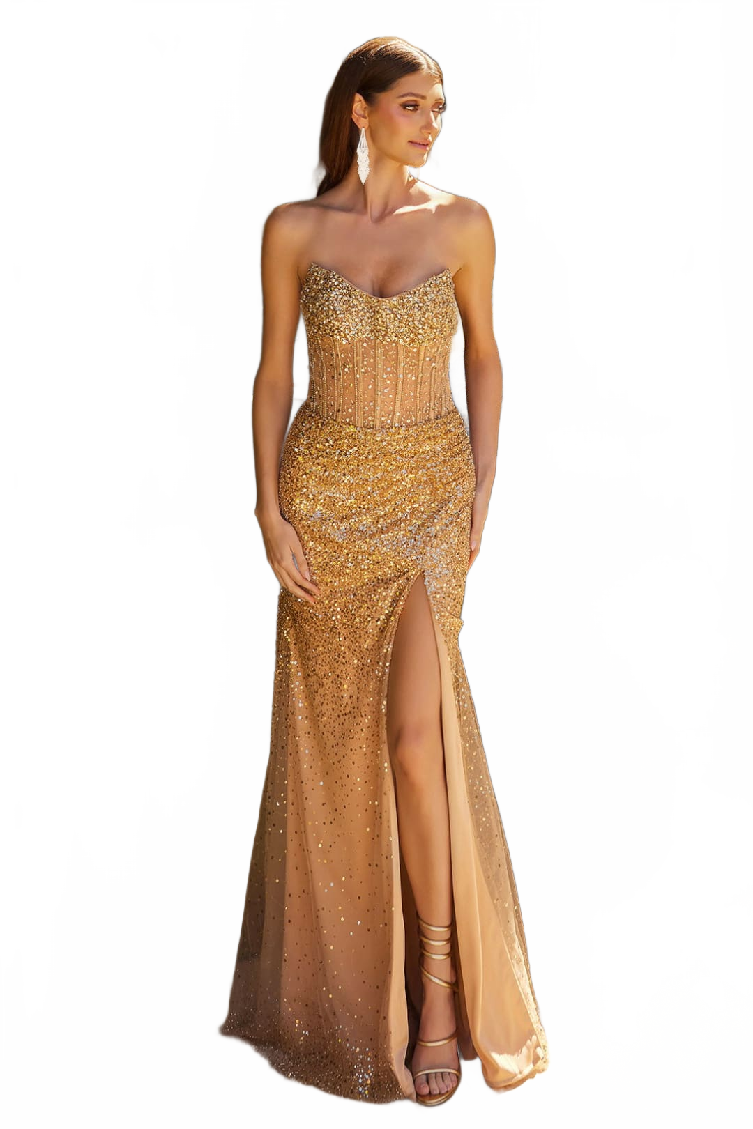Gold Evening Gown Beaded Fitted Strapless Slit Dress GLS Gloria GL3581