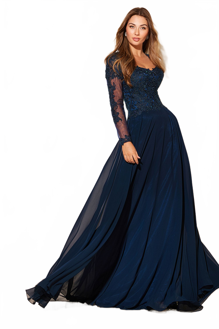 Abby Paris 96044W Embroidered Illusion Sleeve Chiffon Gown