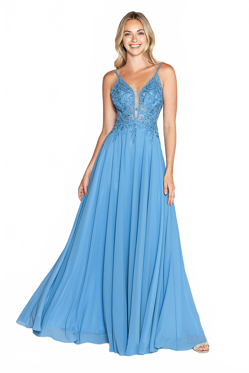 Embroidered A-Line Gown with Sheer V-Neck and Beaded Bodice Sleeveless Formal Prom Dress By Lenovia 8185
