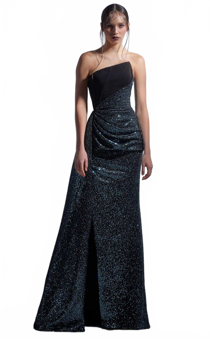 MNM Couture Gaby Charbachy G1251 Blue-Black Embellished Sheath Gown
