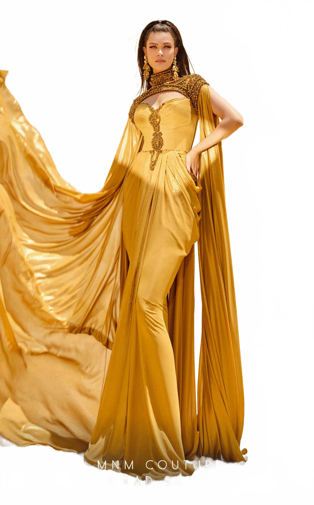 MNM Couture 2759 Mustard Metallic Chiffon Column Gown with Cap Sleeves