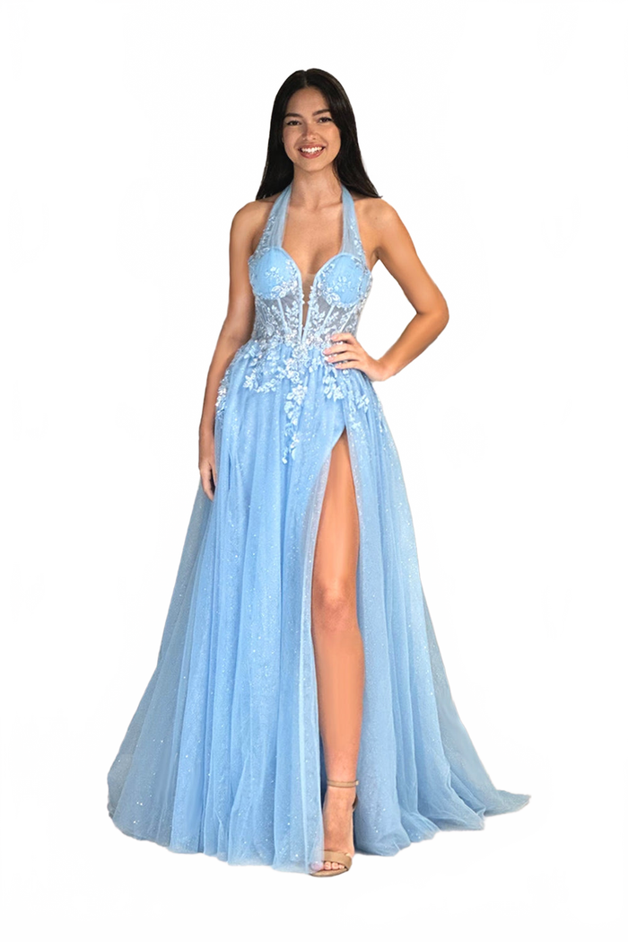 Abby Paris 90265 Applique Halter Glitter Tulle A-Line Gown