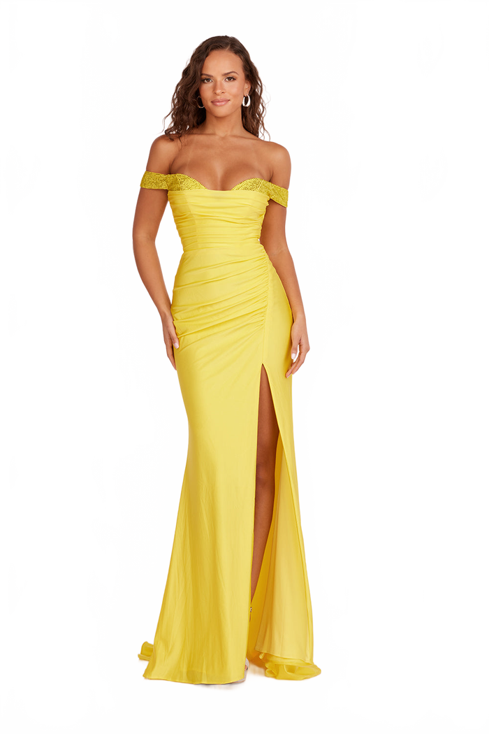 Abby Paris 90246 Jersey Off Shoulder Beaded Slit Gown