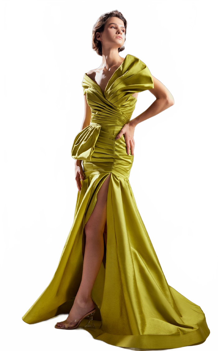 Gaby Charbachy G1542 One-Shoulder Ruched Olive Evening Gown by MNM Couture