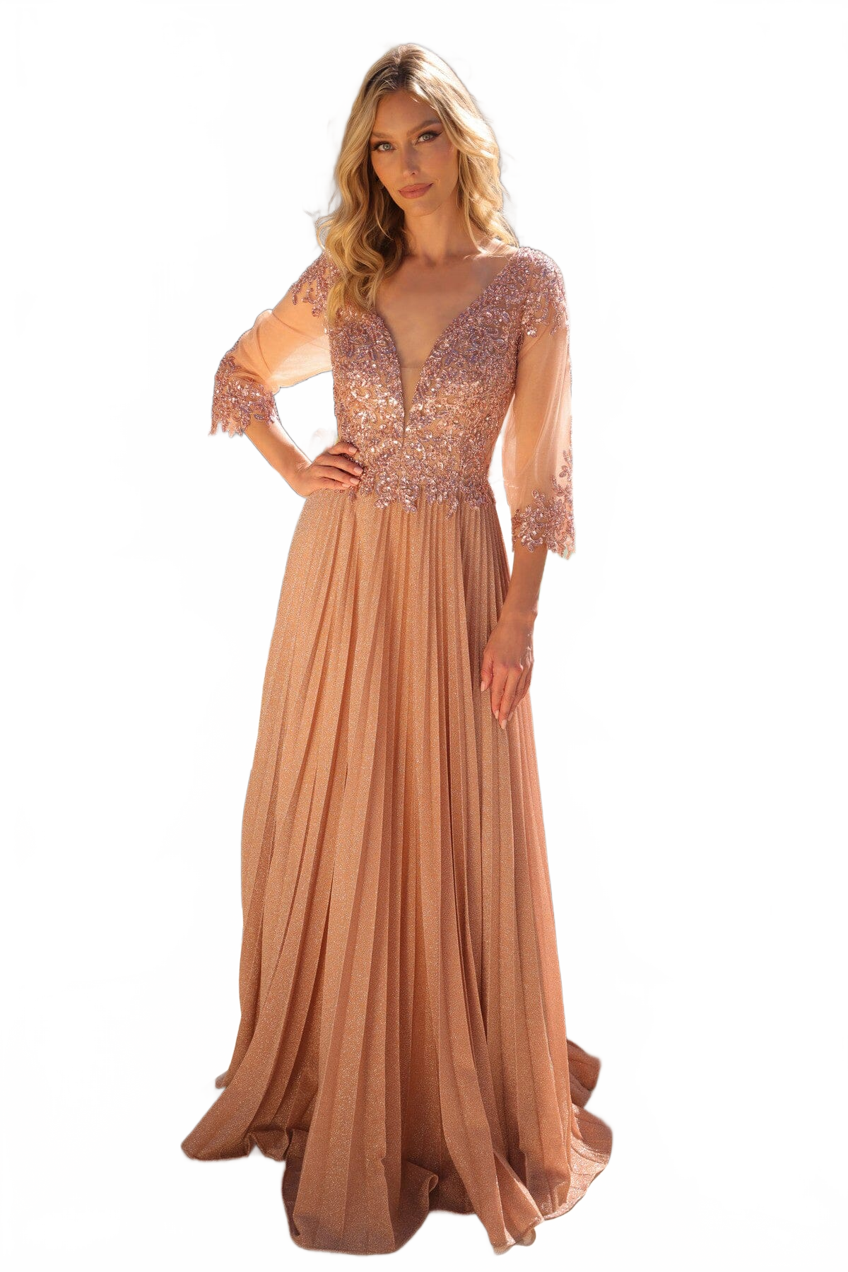 Nox Anabel MF102 Chic Appliqué 3/4 Sleeve Pleated A-line Gown