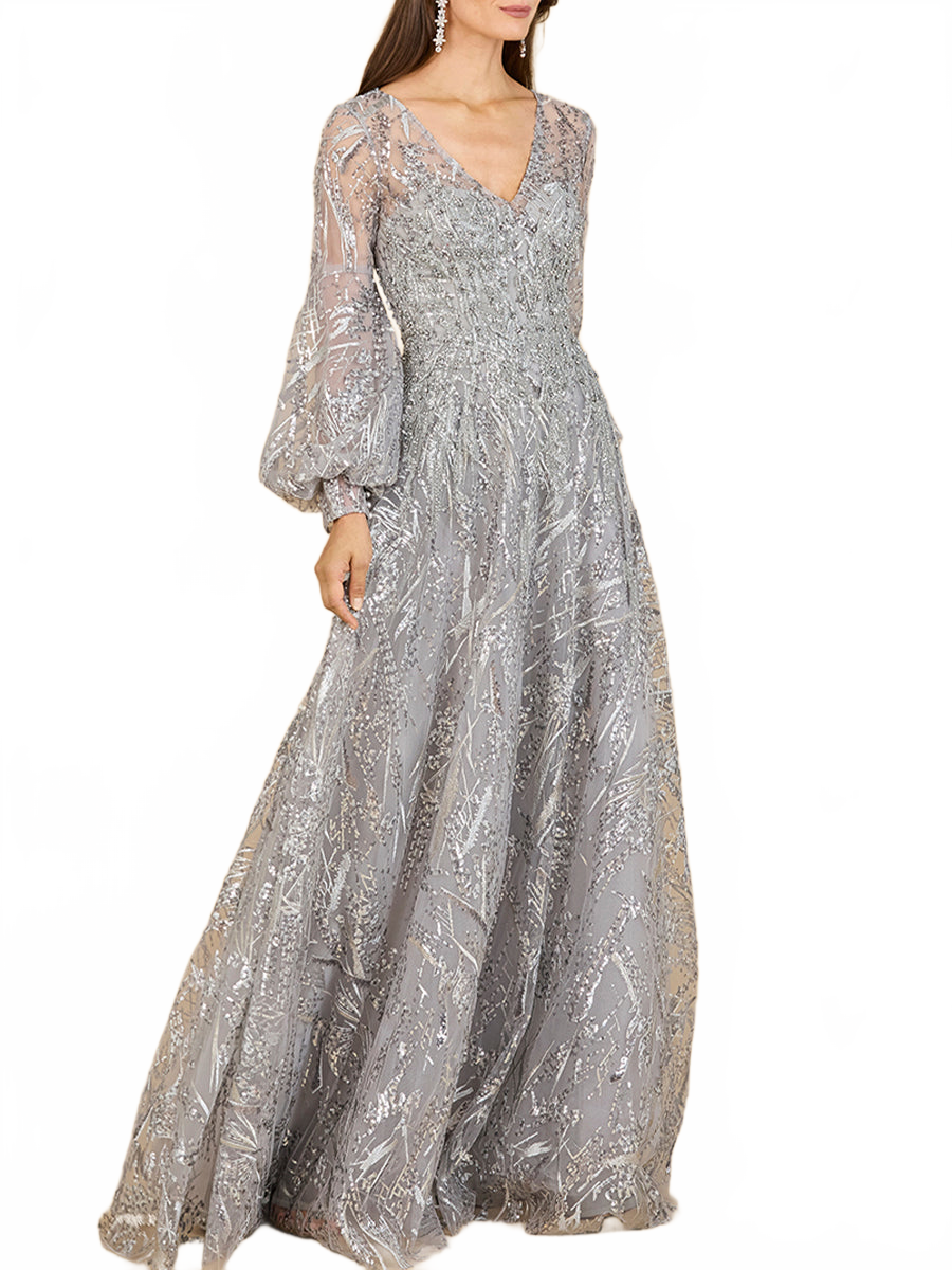 V Neckline Long Sleeve Gown
