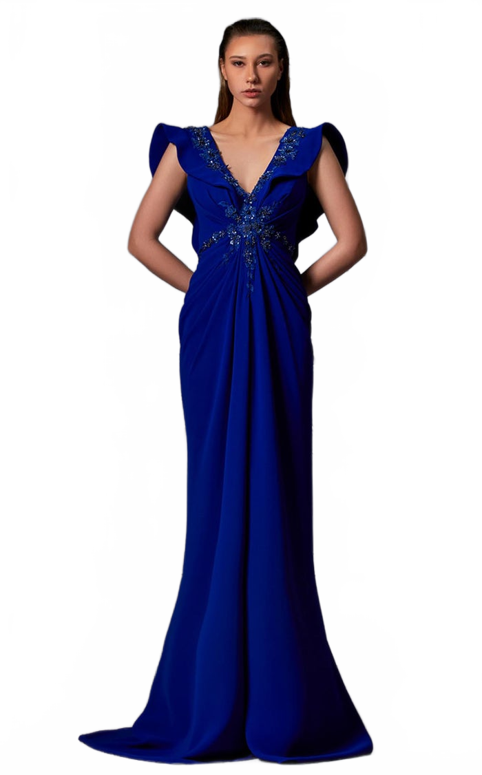 MNM Couture K3844 Royal Blue V-Neck Column Gown