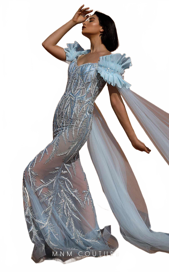 MNM Couture K4041 Sheer Blue Embroidered Gown with Cape Sleeves