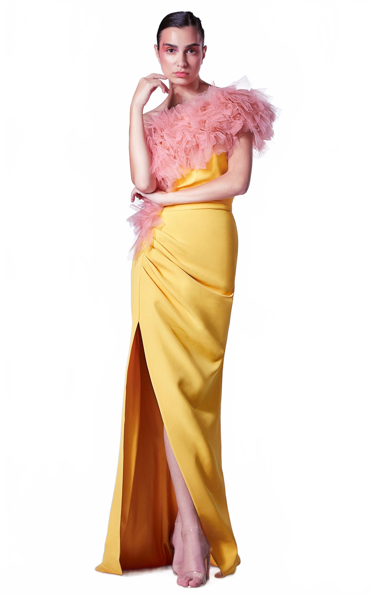 Gaby Charbachy G1301 Yellow One-Shoulder Ruffled Gown by MNM Couture