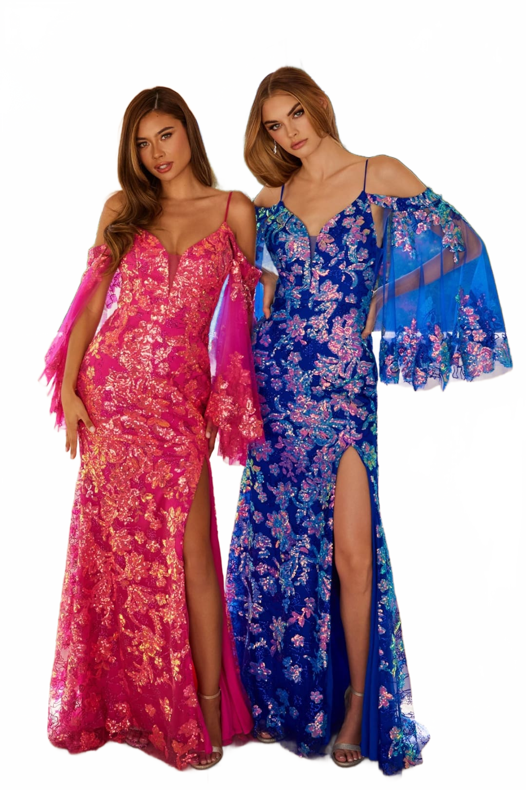 Glitter Print Cold Shoulder Slit Gown by Juliet JT2564U