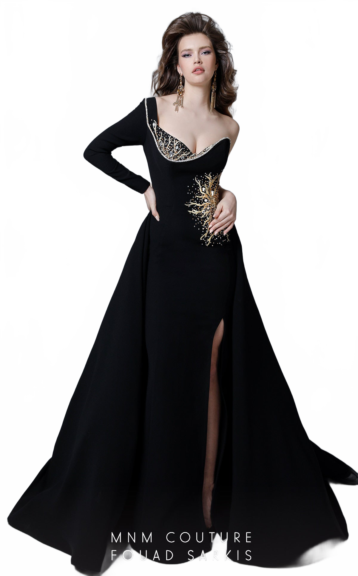 Fouad Sarkis 2719/Green: One-Sleeve Embellished Ball Gown