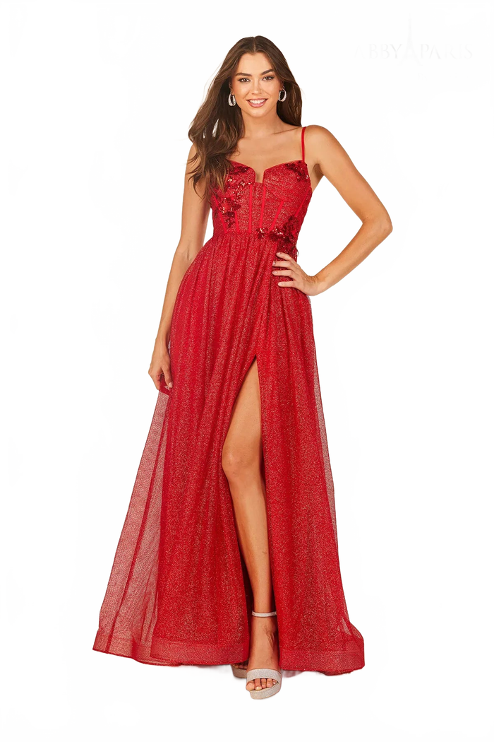 Abby Paris 90344 Glitter Sleeveless A-line Slit Evening Gown