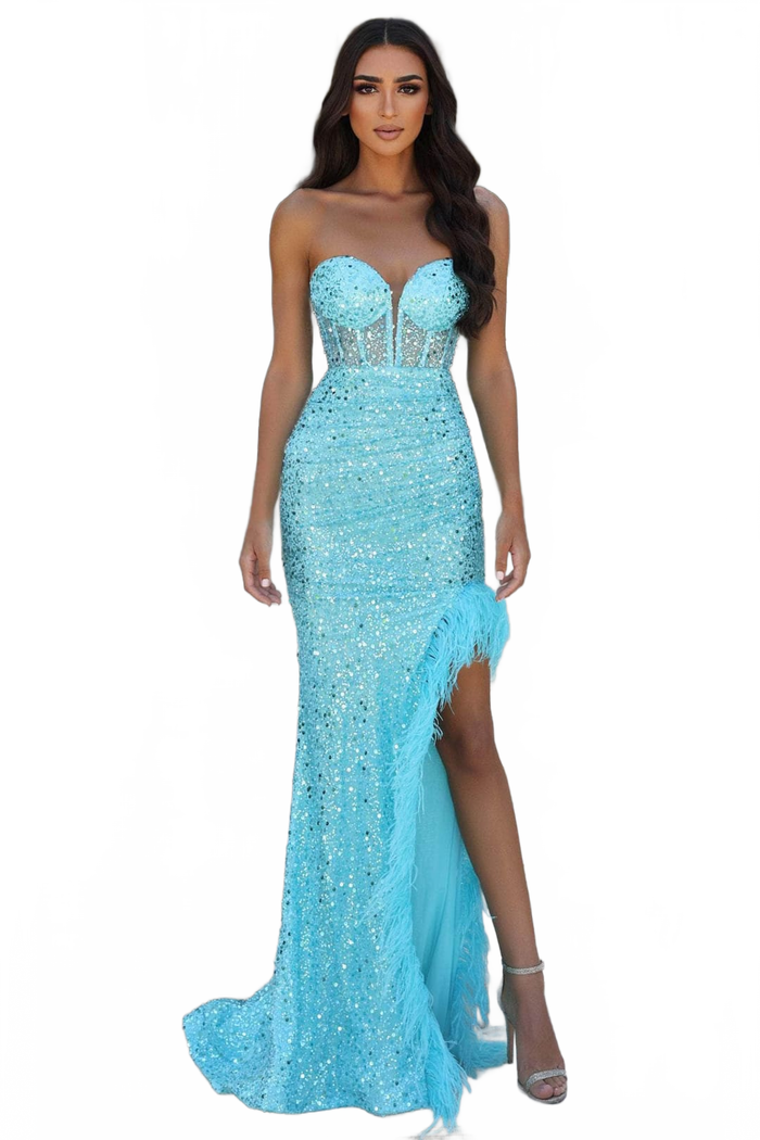 Portia and Scarlett PS23029 -long- Corset Evening Gown with Feather Slit