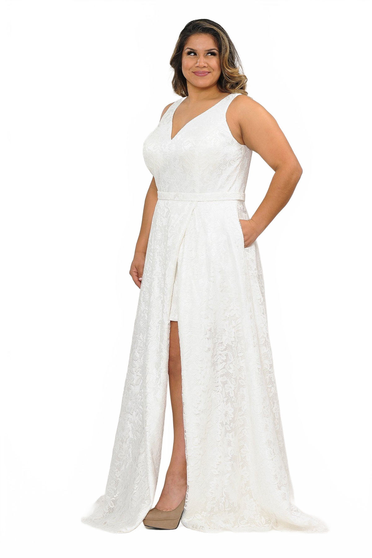 Poly USA W1020 Plus Size Long Lace Dress with Corset Back