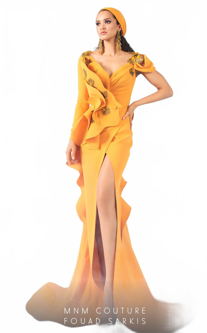 Fouad Sarkis 2646 One-Sleeve Mustard Slit Gown by MNM Couture