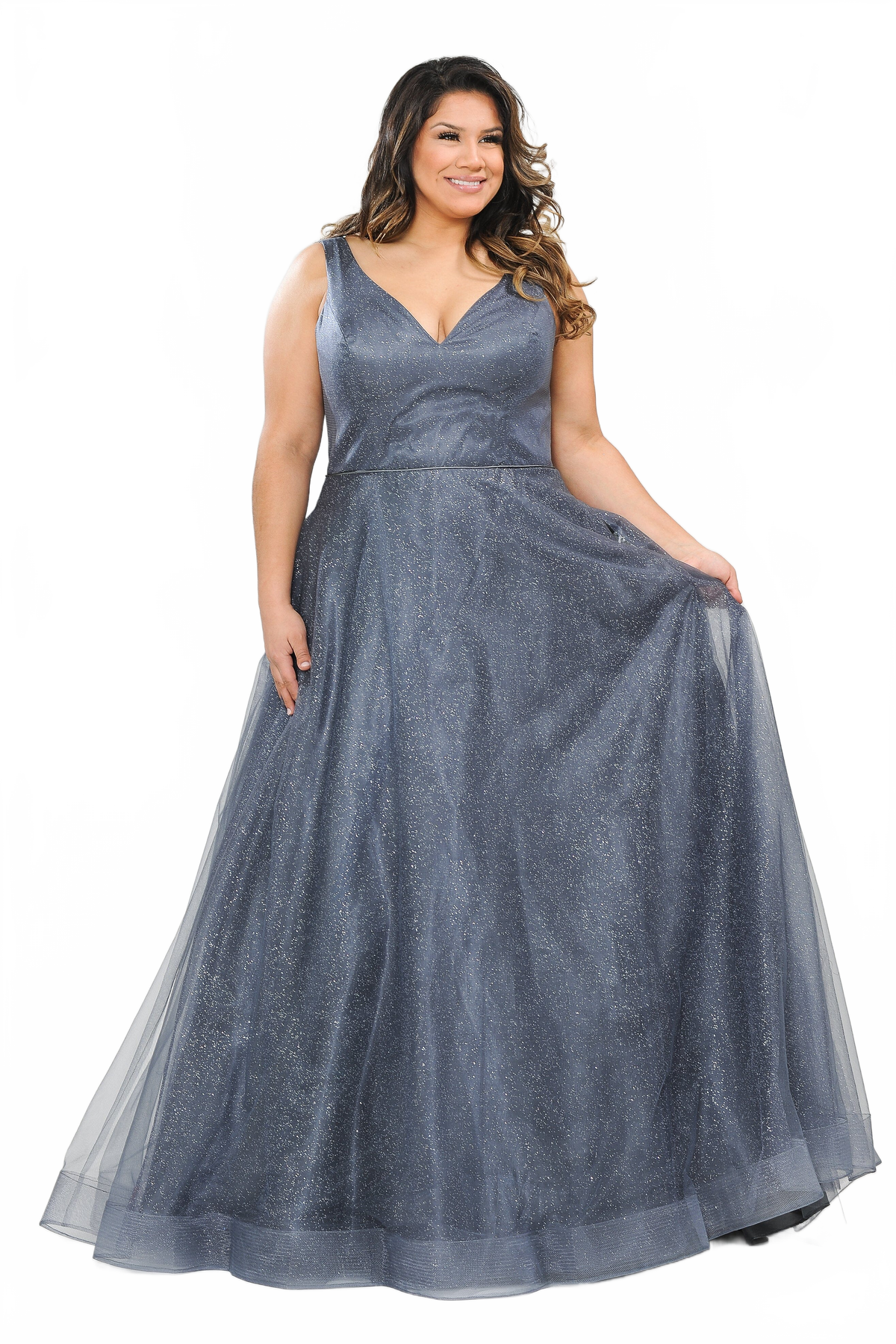 Poly USA W1024 Plus Size Long V-Neck Glitter Dress
