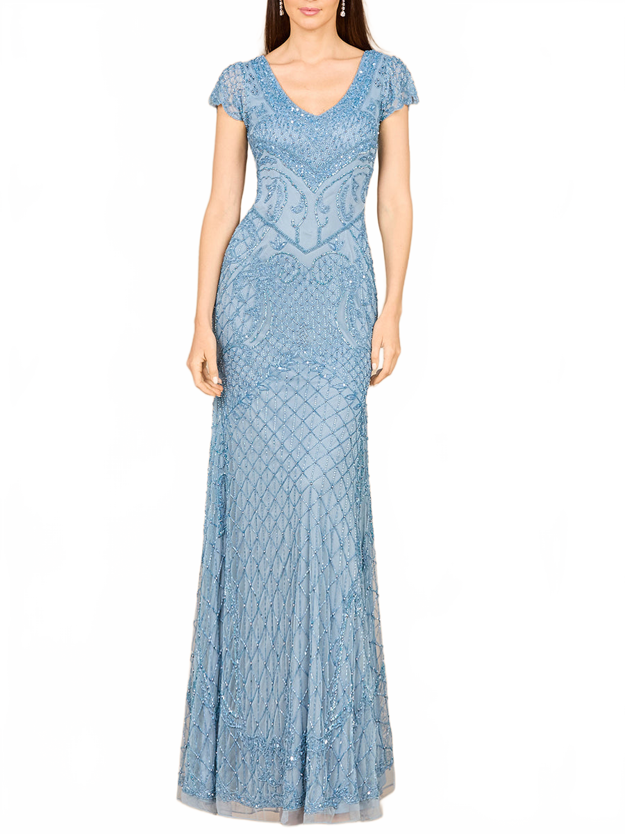 Lara 29073 Beaded Cap Sleeve Formal Evening Gown With V-Neckline