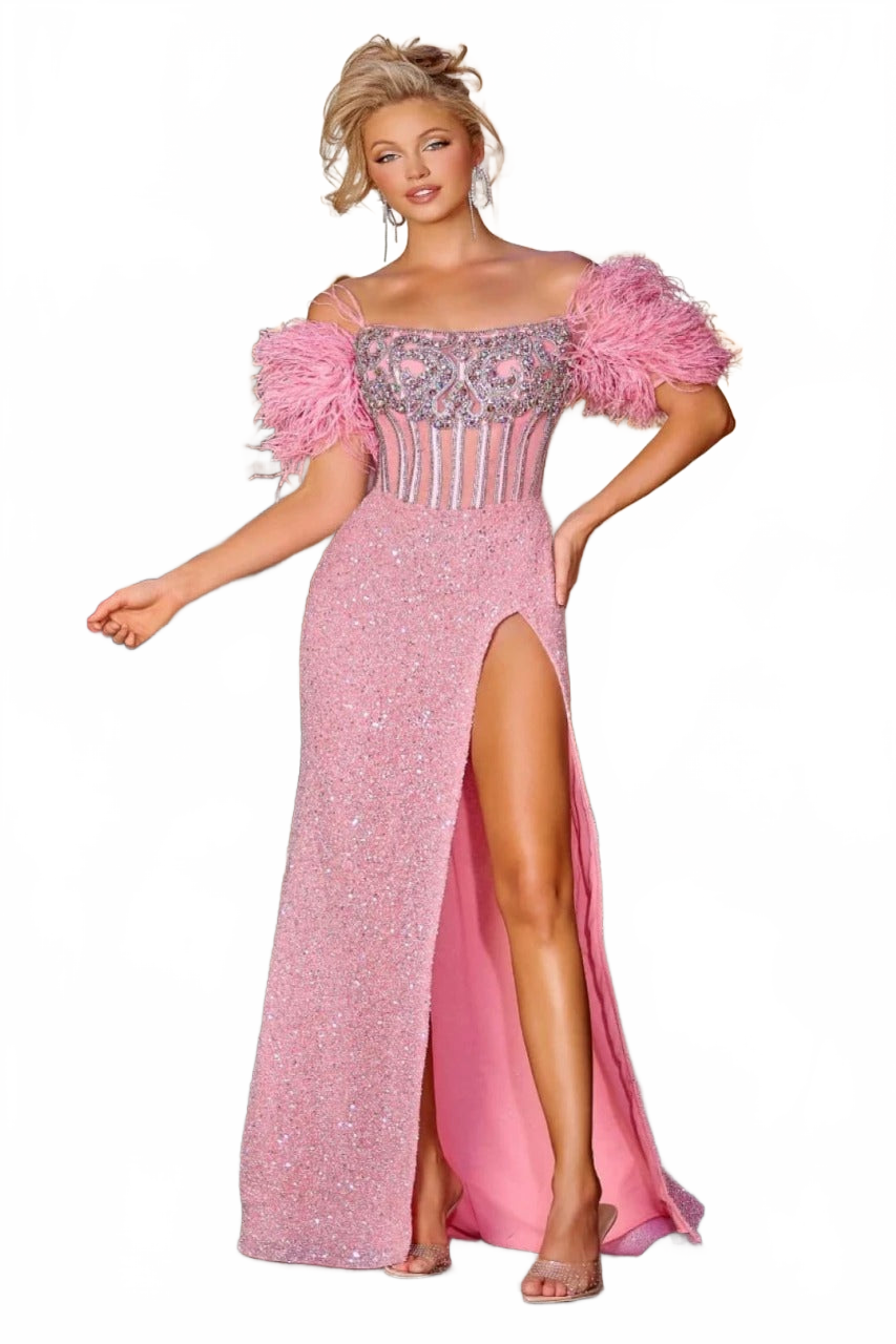 Portia and Scarlett PS23741C Off-Shoulder Feather Fringe Evening Gown