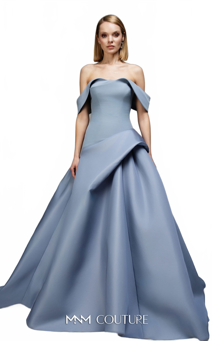 MNM Couture E0103 Off-Shoulder Black Ballgown with Sculpted Folds